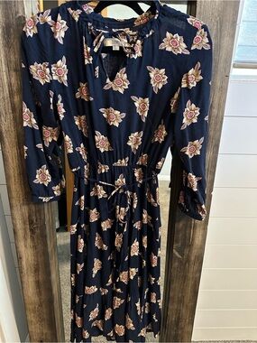 LOFT Petite Navy Floral Midi Dress XSP Boho Cottagecore Wedding Business Casual